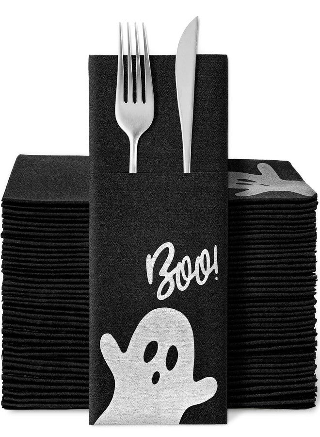 JarThenaAMCS مناديل ورقية سوداء لطيفة بتصميم شبح هالوين من JarThenaAMCS، 50 قطعة، مصنوعة من قماش الكتان الناعم، مزودة بجيب مدمج لأدوات المائدة. مثالية لحفلات أعياد الميلاد والهالوين. - Image 1